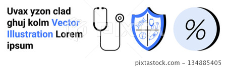 Healthcare, insurance, medical services, protection, risk management, finance. A stethoscope, a shield with medical icons and a percentage sign are . Healthcare and insurance concept Healthcare, insurance, medical services, protection, risk management, finance. A stethoscope, a shield with medical icons and a percentage sign are . Healthcare and insurance concept 134885405