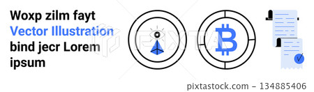 Cryptocurrency, blockchain, finance, digital transactions, security, auditing. Image includes Bitcoin symbol, eye pyramid and documents. Cryptocurrency and blockchain concept Cryptocurrency, blockchain, finance, digital transactions, security, auditing. Image includes Bitcoin symbol, eye pyramid and documents. Cryptocurrency and blockchain concept 134885406