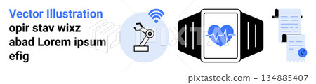 Healthcare technology, automation, remote monitoring, IoT, document verification, artificial intelligence. Smartwatch with heart symbol, robotic arm with wireless icon, verified digital document Healthcare technology, automation, remote monitoring, IoT, document verification, artificial intelligence. Smartwatch with heart symbol, robotic arm with wireless icon, verified digital document 134885407