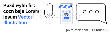 E-commerce, voice recognition, online shopping, communication technology, mobile interface, digital marketing. Microphone, smartphone with a store app and speech bubble icons. E-commerce and voice E-commerce, voice recognition, online shopping, communication technology, mobile interface, digital marketing. Microphone, smartphone with a store app and speech bubble icons. E-commerce and voice 134885412