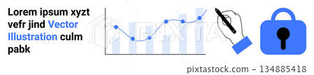 Data analysis, cybersecurity, digital protection, statistics, information safety, online privacy. Bar chart with line graph, hand holding pen padlock icon. Data analysis and cybersecurity concept Data analysis, cybersecurity, digital protection, statistics, information safety, online privacy. Bar chart with line graph, hand holding pen padlock icon. Data analysis and cybersecurity concept 134885418