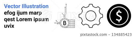 Blockchain, cryptocurrency, finance, technology, automation, digital economy. Bitcoin network, gear and dollar sign icons. Blockchain and cryptocurrency concept with minimalistic icons Blockchain, cryptocurrency, finance, technology, automation, digital economy. Bitcoin network, gear and dollar sign icons. Blockchain and cryptocurrency concept with minimalistic icons 134885423
