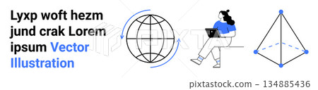 Education, global communication, technology, learning, geometry, and work-from-home. ion of a globe, geometric shape and a person using a laptop. Education and global communication concept Education, global communication, technology, learning, geometry, and work-from-home. ion of a globe, geometric shape and a person using a laptop. Education and global communication concept 134885436