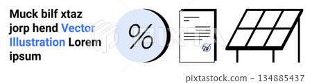 Renewable energy, sustainability, finance, data, contracts, solar power. Circular percentage symbol, document with a checkmark solar panel. Renewable energy and contract visually Renewable energy, sustainability, finance, data, contracts, solar power. Circular percentage symbol, document with a checkmark solar panel. Renewable energy and contract visually 134885437