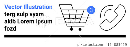 E-commerce, online customer support, shopping notifications, digital retail, communication, business services. A shopping cart with a notification badge and a telephone receiver icon. E-commerce E-commerce, online customer support, shopping notifications, digital retail, communication, business services. A shopping cart with a notification badge and a telephone receiver icon. E-commerce 134885439