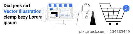 Online retail, e-commerce transactions, digital checkout, product marketing, shopping platforms, cart management. A website, shopping bag and cart are . Online retail and e-commerce transaction 134885449
