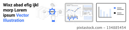 Data analysis, cloud computing, business intelligence, digital marketing, progress tracking, technology tools. Charts with graphs, a hand interacting with a cloud icon. Data analysis and cloud 134885454