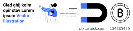 Digital marketing, cryptocurrency attraction, fintech innovation, blockchain investment, financial growth, crypto acquisition. Person points at a magnet attracting bitcoin. Digital marketing Digital marketing, cryptocurrency attraction, fintech innovation, blockchain investment, financial growth, crypto acquisition. Person points at a magnet attracting bitcoin. Digital marketing 134885459