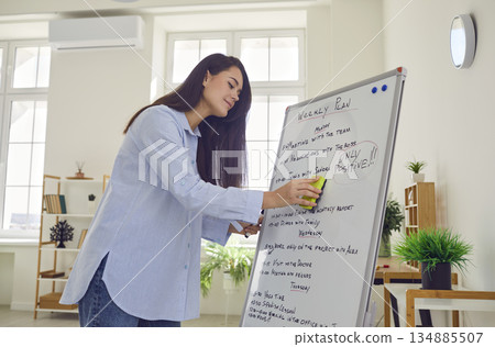 Young smiling woman in casual clothes standing in front of white board with weekly plans and tasks Young smiling woman in casual clothes standing in front of white board with weekly plans and tasks 134885507