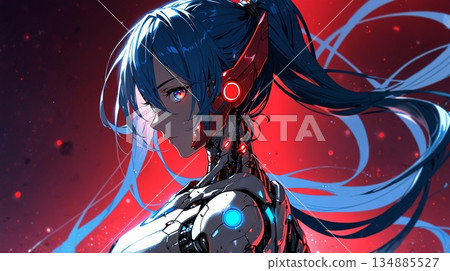 高對比插圖,描繪了一位美麗的機械女孩 高對比插圖,描繪了一位美麗的機械女孩 134885527