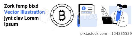 Cryptocurrency, digital security, identity verification, online learning, remote consultation, blockchain. Bitcoin symbol, ID document person with a laptop. Cryptocurrency and digital security Cryptocurrency, digital security, identity verification, online learning, remote consultation, blockchain. Bitcoin symbol, ID document person with a laptop. Cryptocurrency and digital security 134885529