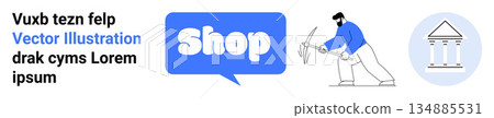 Online shopping, retail services, business communication, e-commerce, labor, public buildings. A speech bubble with shop, worker breaking stone and historic building icon. Online shopping and retail Online shopping, retail services, business communication, e-commerce, labor, public buildings. A speech bubble with shop, worker breaking stone and historic building icon. Online shopping and retail 134885531