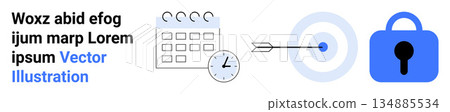 Time management, cybersecurity, goal achievement, productivity, scheduling, and protection. Calendar, clock target with an arrow and lock. Time management and cybersecurity concept 134885534