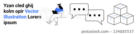 Remote work, online communication, teamwork, collaboration tools, data exchange, productivity. Person with a laptop, speech bubbles cubes. Remote work and online communication concepts Remote work, online communication, teamwork, collaboration tools, data exchange, productivity. Person with a laptop, speech bubbles cubes. Remote work and online communication concepts 134885537
