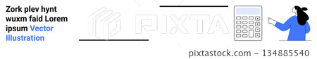 Business planning, financial analysis, education, productivity, data visualization, accounting. Woman points at calculator grid. Business planning and financial analysis Business planning, financial analysis, education, productivity, data visualization, accounting. Woman points at calculator grid. Business planning and financial analysis 134885540