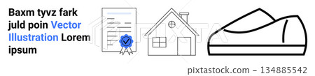 Real estate, documentation, certification, housing, investment, property ownership. A certificate, house and shoe icon illustrated in flat design. Real estate and documentation concept Real estate, documentation, certification, housing, investment, property ownership. A certificate, house and shoe icon illustrated in flat design. Real estate and documentation concept 134885542