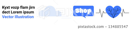 E-commerce, health monitoring, digital communication, shopping apps, wellness, technology. Abstract cloud, heartbeat with a leaf blue speech bubble with Shop. E-commerce and health monitoring 134885547
