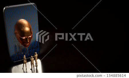 Human Interaction with Artificial Intelligence on Smartphone Screen 3d render. 134885614