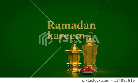 Ramadan Kareem Greeting with Golden Lanterns on Green Background 3d render. 134885619