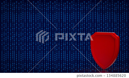 Red Cybersecurity Shield on Binary Data Background 3d render. 134885620
