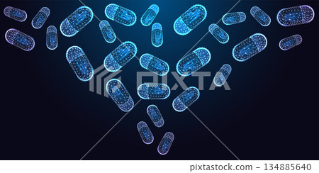 Futuristic biotech and pharmaceutical concept with floating glowing capsules on dark background.  134885640