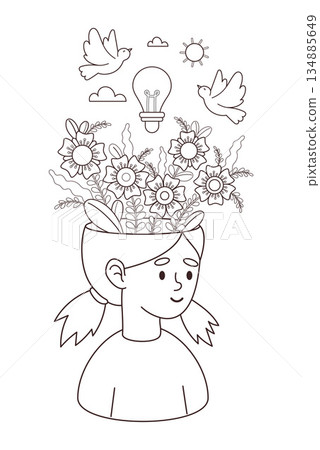 Mental Health. Coloring Page. Girl with Blooming Mind Flowers, Lightbulb and Dove Birds. Line Art drawing for Mindfulness, Psychological Wellness and Therapy Activity. Vector Illustration Not AI Mental Health. Coloring Page. Girl with Blooming Mind Flowers, Lightbulb and Dove Birds. Line Art drawing for Mindfulness, Psychological Wellness and Therapy Activity. Vector Illustration Not AI 134885649