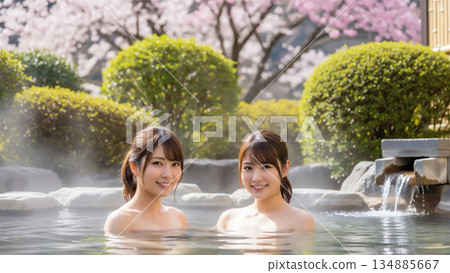 一位年輕女子在溫泉之旅中於露天浴池中放鬆身心 134885667