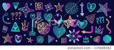 Popular abstract shapes, neon doodle hand drawn set. Hologram gradient isolated signs, ultra acid holographic glow. Hearts, circles, stars, crown, arrows, etc. Vector retro cliparts Popular abstract shapes, neon doodle hand drawn set. Hologram gradient isolated signs, ultra acid holographic glow. Hearts, circles, stars, crown, arrows, etc. Vector retro cliparts 134886082