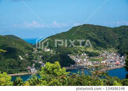 Kumano City, Mie Prefecture - View of Kumano City from Matsumoto Pass on the Kumano Kodo Trail Kumano City, Mie Prefecture - View of Kumano City from Matsumoto Pass on the Kumano Kodo Trail 134886146