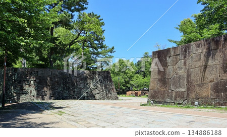 Wakayama Castle's stone walls stand out against the blue sky and fresh greenery 134886188