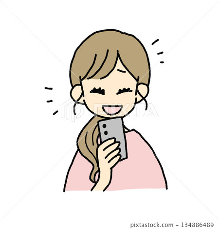 Illustration of a woman laughing at her smartphone Illustration of a woman laughing at her smartphone 134886489