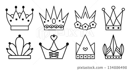 Black line crown icon vector set, monochrome outline signs. Royal cliparts, coronation linear pictograms Black line crown icon vector set, monochrome outline signs. Royal cliparts, coronation linear pictograms 134886498
