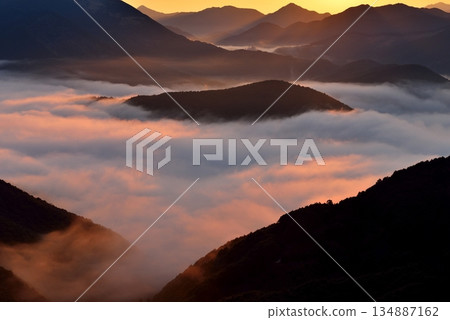 從潮見峠出發的中邊線(熊野古道)的雲海(霧) 從潮見峠出發的中邊線(熊野古道)的雲海(霧) 134887162