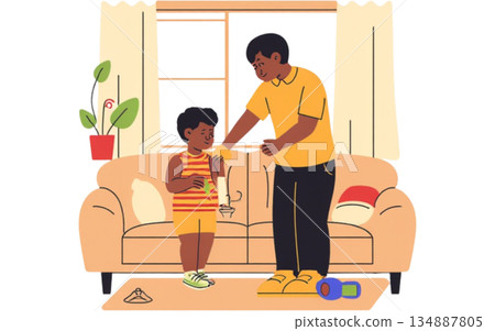 Illustration of a father helping his child change clothes in the living room 134887805