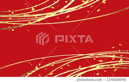 紅色背景上的金色箔片和金色曲線。向量圖。 紅色背景上的金色箔片和金色曲線。向量圖。 134888048