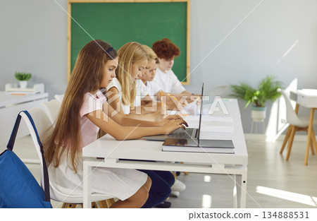 Schoolchildren sit in computer classroom learning with laptops. Modern technology in learning to education where learning is intertwined with technology Pupils sitting in classroom with laptops. Schoolchildren sit in computer classroom learning with laptops. Modern technology in learning to education where learning is intertwined with technology Pupils sitting in classroom with laptops. 134888531