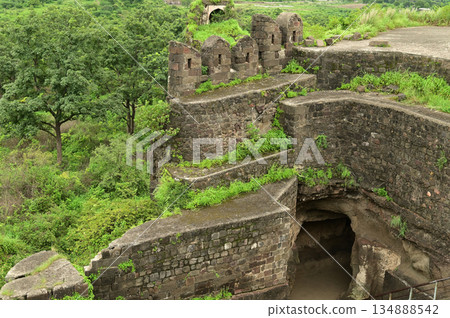 Top  view of Daulatabad Fort is an ancient fort located in Maharashtra, India. Originally named Deogiri,fort built from natural rocks and is very strong. it is a fort built from natural rocks and is v 134888542
