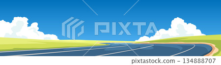 Empty asphalt highway road with curve. Blue sky and green meadow landscape background. Transportation and travel concept vector illustration with copy space. Empty asphalt highway road with curve. Blue sky and green meadow landscape background. Transportation and travel concept vector illustration with copy space. 134888707