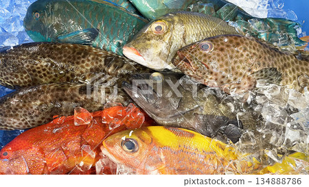 Fresh and colorful Okinawan fish lined up at the market 134888786
