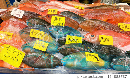 市面上排列著新鮮、色彩鮮豔的沖繩魚 市面上排列著新鮮、色彩鮮豔的沖繩魚 134888787