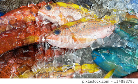 Fresh and colorful Okinawan fish lined up at the market 134888793