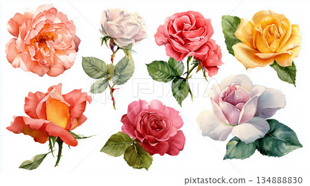 Watercolor paintings of roses, material collection Watercolor paintings of roses, material collection 134888830