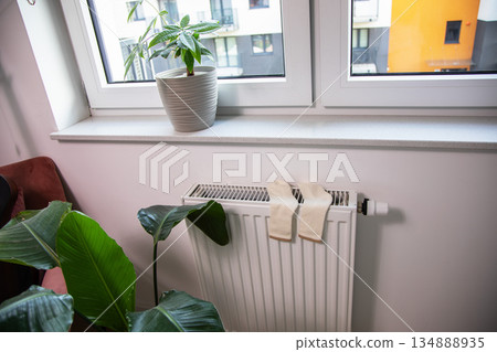 Home radiator during the seasonal heating period with socks drying in a modern apartment. Concept of residential heating, winter warmth, energy consumption, utility services, and comfort. Home radiator during the seasonal heating period with socks drying in a modern apartment. Concept of residential heating, winter warmth, energy consumption, utility services, and comfort. 134888935