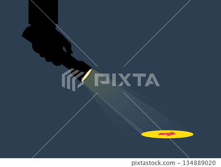Spotlight shining light on floor reveal arrow guidance in the dark. Vector illustration. 134889020