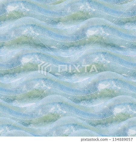 Abstract watercolor wave hand-painted seamless background. Organic flowing background for branding, packaging, posters, social media, stationery, wellness, modern design projects. Blue, green tones 134889057