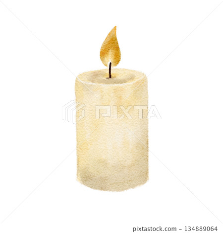 Burning white candle. Hand-painted watercolor clip art isolated on white. Winter and Christmas illustration in warm neutral tones, perfect for holiday cards, cozy decor, invitations, seasonal design Burning white candle. Hand-painted watercolor clip art isolated on white. Winter and Christmas illustration in warm neutral tones, perfect for holiday cards, cozy decor, invitations, seasonal design 134889064