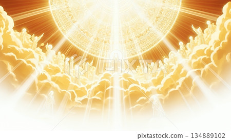 Mysterious landscape illustration of heaven with golden light and angels blessing 134889102