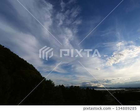 Over Lake Inawashiro, clouds like white lace curtains appeared in the blue sky. It was impressive and beautiful. Over Lake Inawashiro, clouds like white lace curtains appeared in the blue sky. It was impressive and beautiful. 134889285