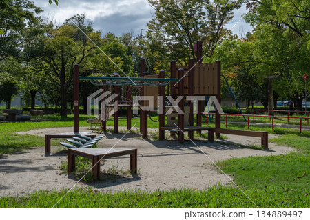 綠樹成蔭的公園內的遊樂設施 綠樹成蔭的公園內的遊樂設施 134889497