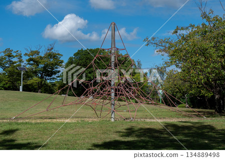 Blue sky and rope climbing playground equipment 134889498
